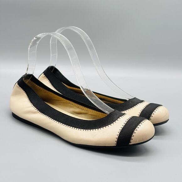 Stuart Weitzman Shoes Women 6.5 Beige Black Leather Ballet Flats Cap Toe Slip On - Picture 2 of 11